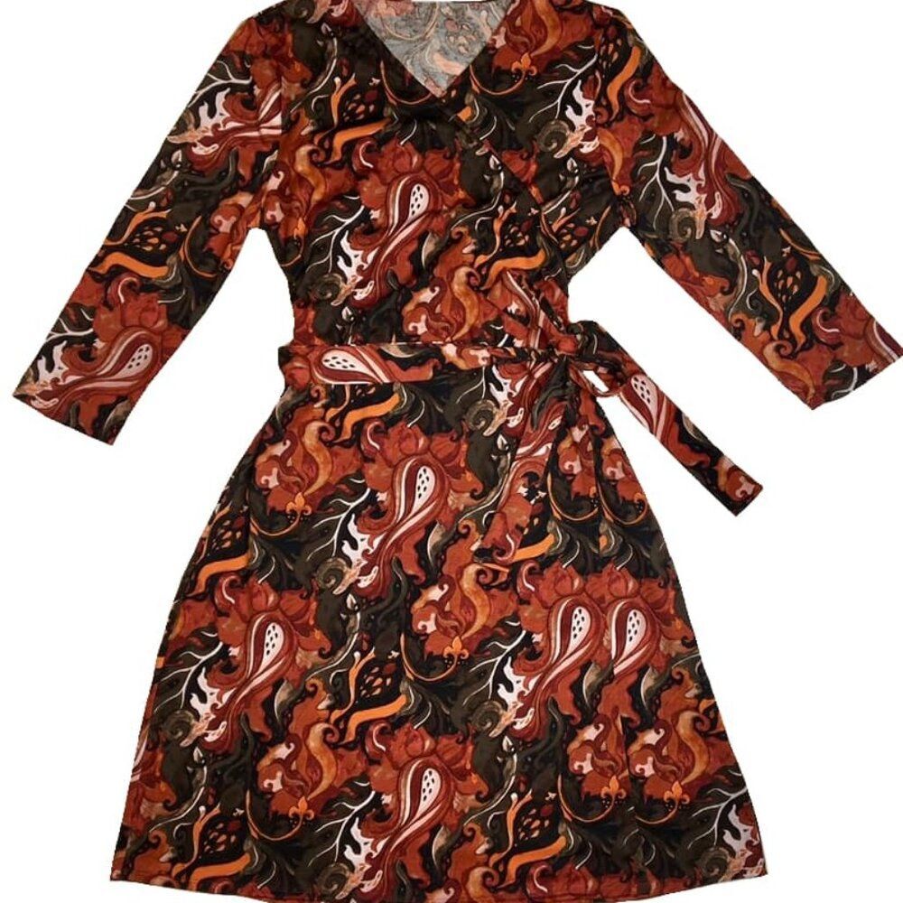 NEW S LuLaRoe Michelle True Wrap Dress Orange Red Paisley Floral 3/4 Sleeve‎